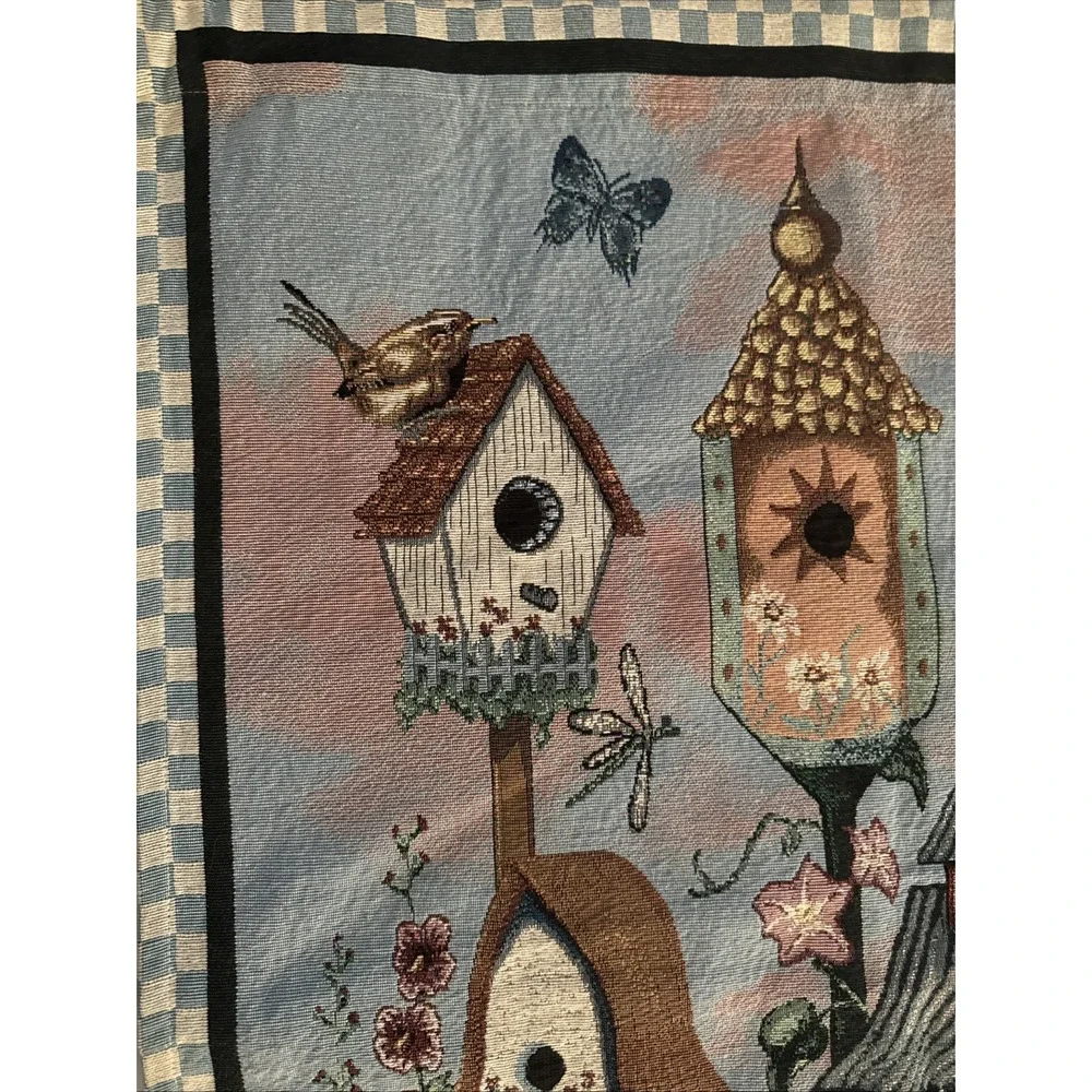 Vintage Birdhouse Bird Flowers Wall Hanging Tapestry Panel 34